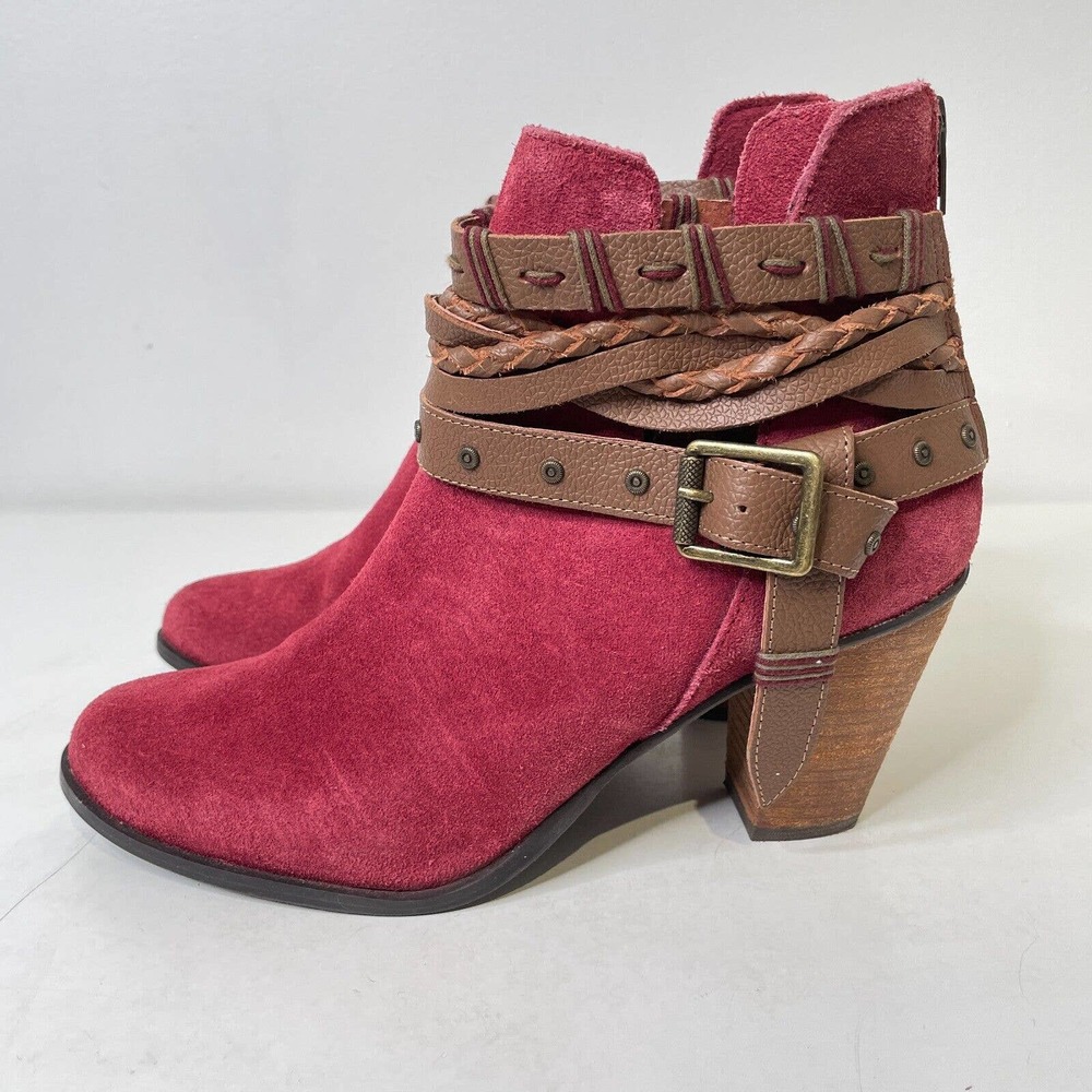 NAUGHTY Women’s Red Suede Ankle Boots with Brown Strap Detail